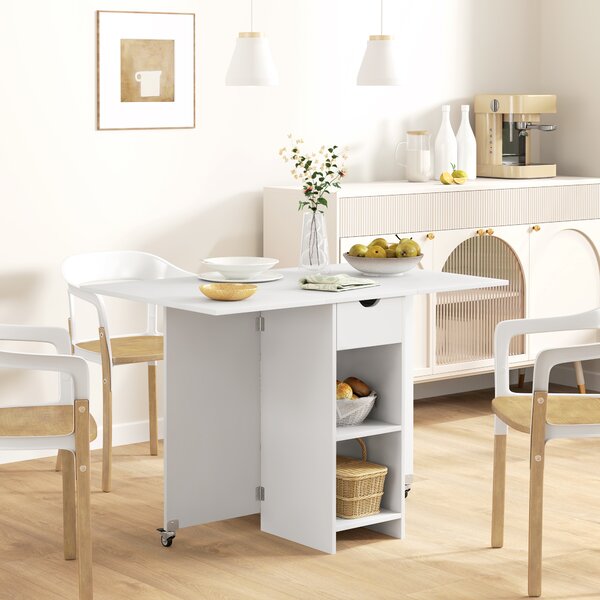 HOMCOM Tavolo Pieghevole per 2-4 Persone, Tavolo da Cucina Pieghevole con Spazio di Archiviazione, Tavolo Espandibile su Ruote, Bianco