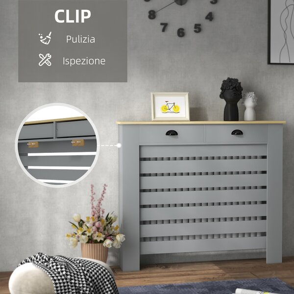 HOMCOM Copritermosifone in MDF a Doghe, Copricalorifero a Griglia con 2 Cassetti, 111x19x95.5 cm, Grigio | Aosom Italy