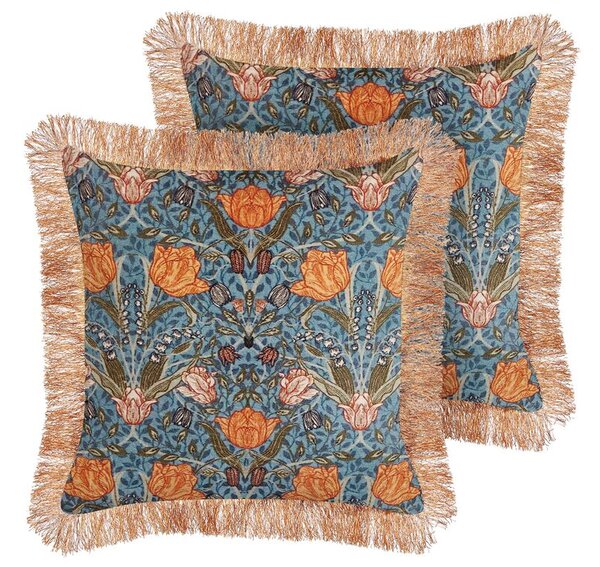 Set di 2 cuscini decorativi blu arancio velluto 45 x 45 cm velluto motivo fiore frange moderno glamour decor Beliani