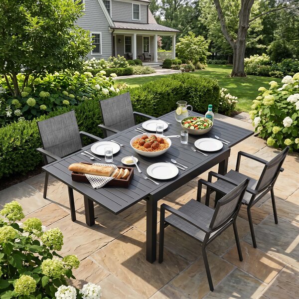 Set da pranzo per terrazza in alluminio, composto da 5 pezzi: tavolo allungabile e sedie impilabili