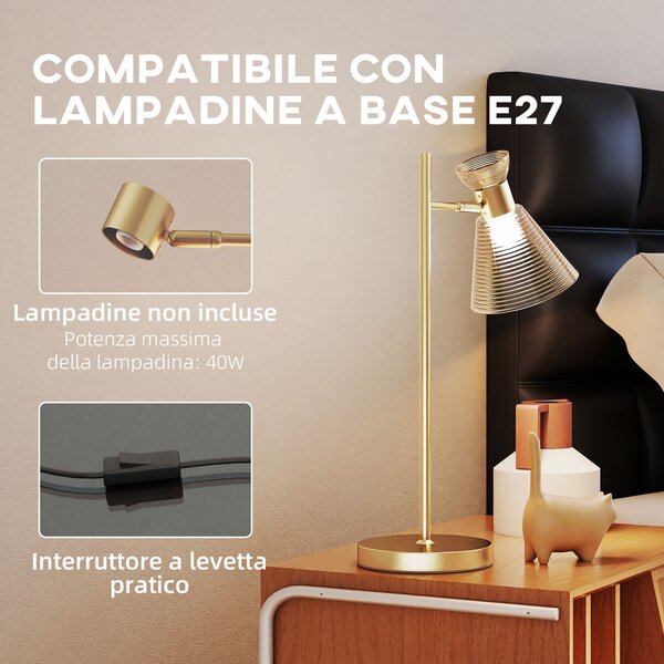 HOMCOM Lampada da Tavolo Moderna con Paralume in Vetro Regolabile Ambrato e Satinato, Attacco E27, Oro | Aosom Italy
