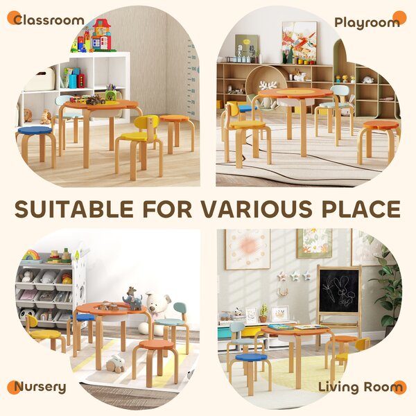 AIYAPLAY Set tavolo e sedie per bambini da 5 pezzi, con tasca portaoggetti, forma a fiore, in legno, Multicolore | Aosom Italy