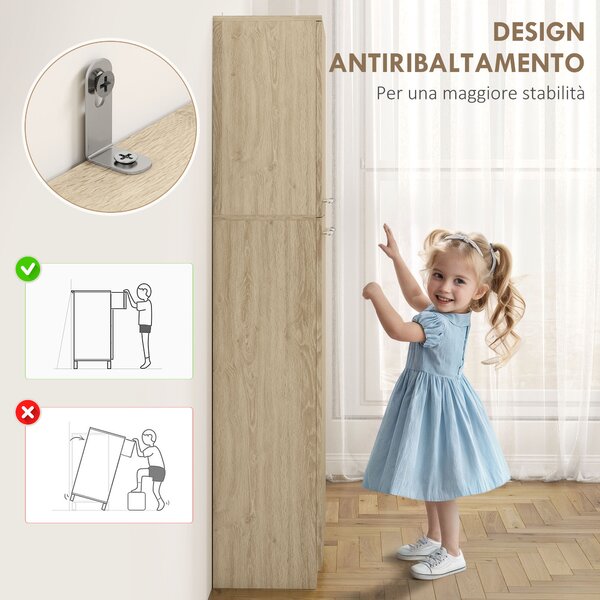 HOMCOM Mobile Contenitore Minimal con 2 Armadietti e Mensole Regolabili, in Legno color Rovere, 59x31x155 cm | Aosom Italy
