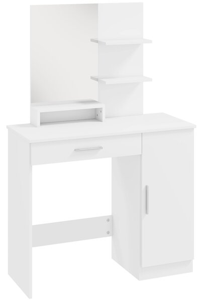 Toeletta da Camera 90x38x138 cm con Armadietto Cassetto Specchio per Trucco e Ripiani Aperti Bianco