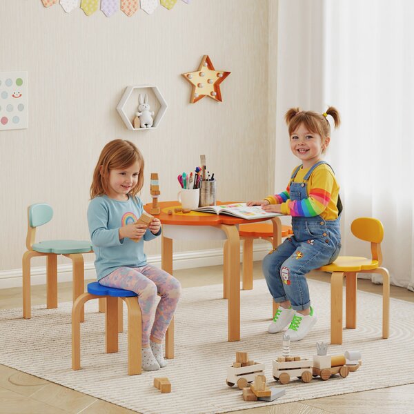 AIYAPLAY Set tavolo e sedie per bambini da 5 pezzi, con tasca portaoggetti, forma a fiore, in legno, Multicolore | Aosom Italy