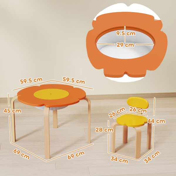 AIYAPLAY Set tavolo e sedie per bambini da 5 pezzi, con tasca portaoggetti, forma a fiore, in legno, Multicolore | Aosom Italy