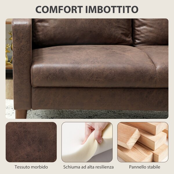 HOMCOM Divano 2 Posti Moderno con Rivestimento in Tessuto Effetto Pelle Traspirante e Gambe in Legno, 130x78x85 cm, Marrone Scuro | Aosom Italy