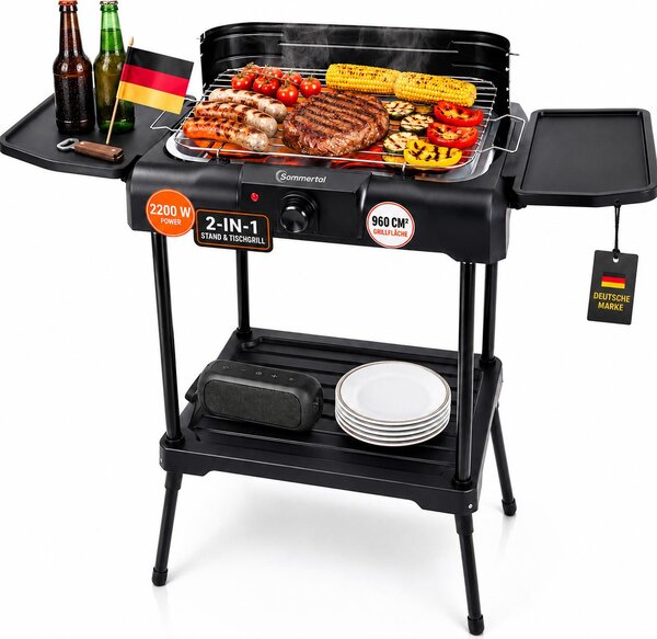 Sommertal BBQ231 Barbecue elettrico | Barbecue da balcone | 2200W | Barbecue da campeggio | Barbecue da tavolo 2in1 con supporto | Regolazione continua della temperatura | Ripiano di stoccaggio