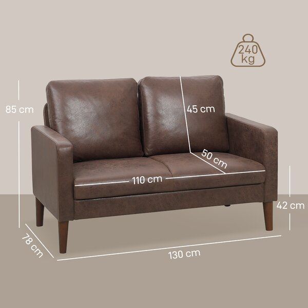 HOMCOM Divano 2 Posti Moderno con Rivestimento in Tessuto Effetto Pelle Traspirante e Gambe in Legno, 130x78x85 cm, Marrone Scuro | Aosom Italy