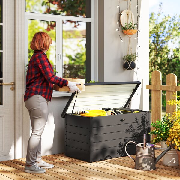 Outsunny Panca Baule Contenitore da Giardino con Chiave, Cassapanca Moderna in Acciaio, Grigio, 120x62x62cm