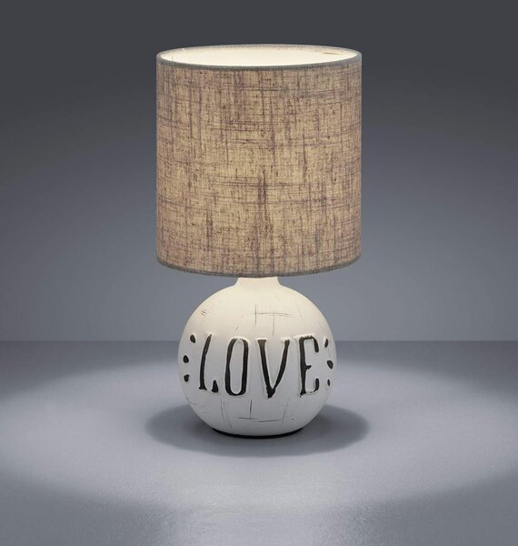 Lampada da tavolo a LED Base in Vetroceramica con scritta LOVE Paralume in tessuto marrone