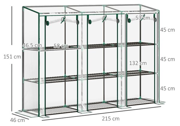 Outsunny Serra da giardino con ripiani a 3 livelli serra da balcone 3 porte avvolgibili con zip 215 x 46 x 151 cm verde