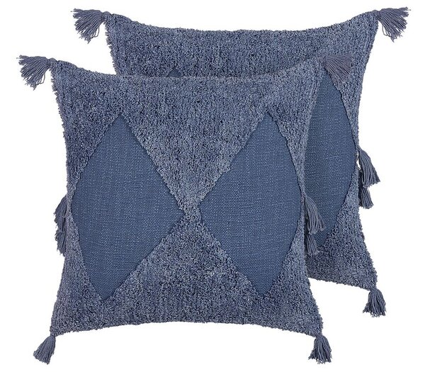 Set di 2 cuscini decorativi cotone blu 45 x 45 cm motivo geometrico nappe rivestimento sfoderabile con imbottitura boho Beliani