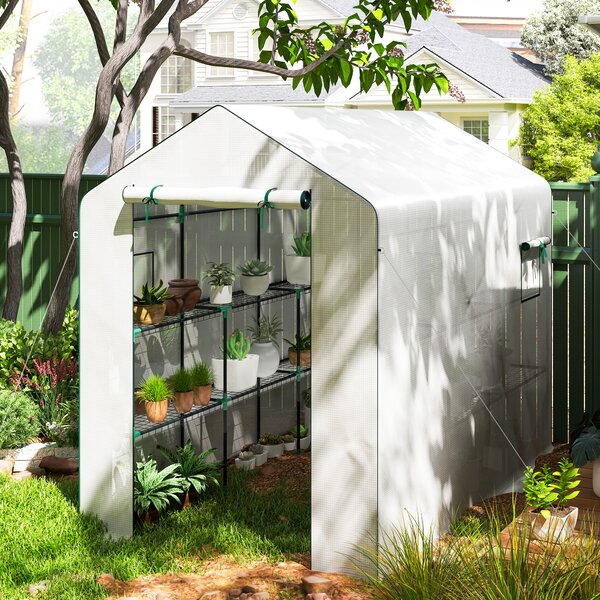 Outsunny Serra da giardino 3 m² con ripiani 3 livelli, PE rinforzata 135 g/m² anti-UV, porta avvolgibile e finestre in rete