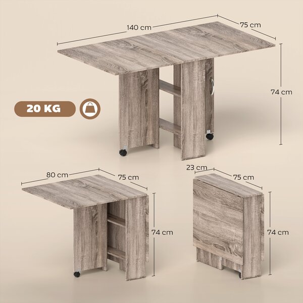 HOMCOM Tavolo a Ribalta con 2 Ripiani Inferiori per 6 Persone Max, in Legno 140x75x74 cm, Grigio | Aosom Italy