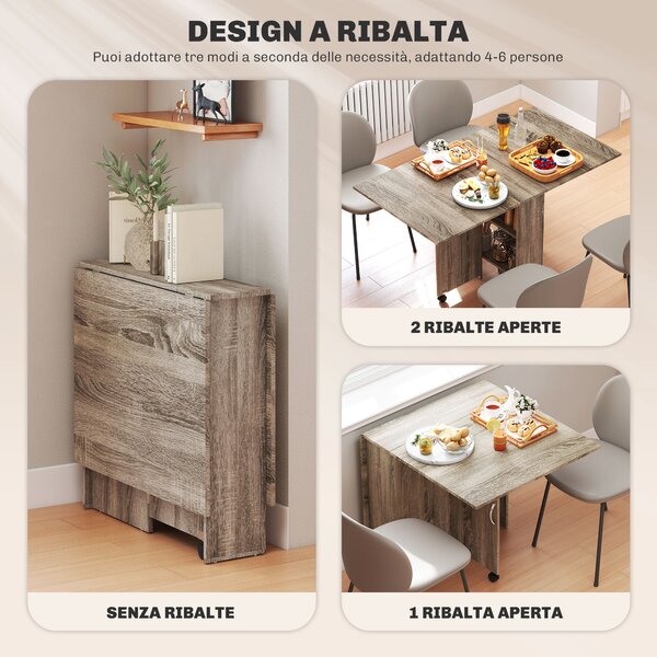 HOMCOM Tavolo a Ribalta con 2 Ripiani Inferiori per 6 Persone Max, in Legno 140x75x74 cm, Grigio | Aosom Italy