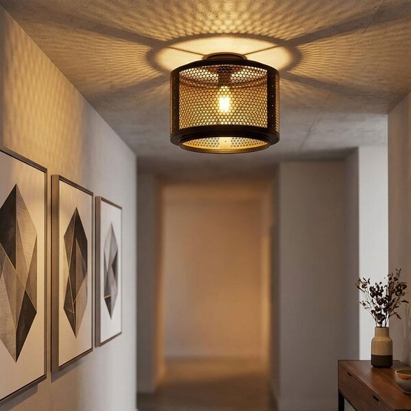 Lampada da soffitto a LED, ideale per la camera da letto, con paralume a griglia, finitura oro e nero