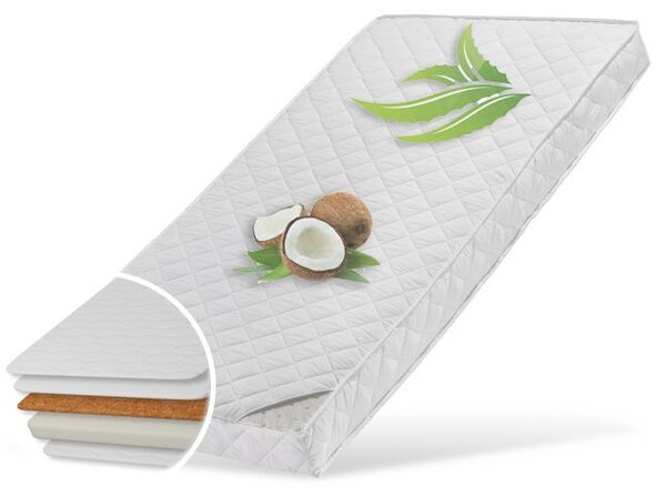 Materassino per neonati 60x120 cm, con imbottitura in fibra di cocco, rivestimento trapuntato in Aloe Vera e disponibile in due gradi di rigidità, alto 10 cm. Ideale come materassino per culla o lettino per bambini