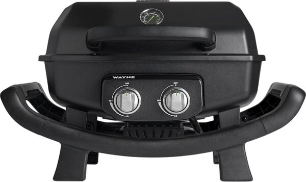 BURNHARD Barbecue a gas a 2 fuochi Wayne 4,4 kW - Barbecue portatile da balcone - Piccolo barbecue a gas da tavolo con camera di combustione in alluminio pressofuso con coperchio - Griglia in ghisa