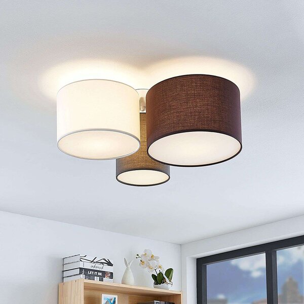 Plafoniera Lindby Laurenz, 3 luci, grigio/marrone, tessuto