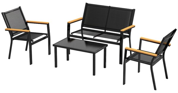 Set di mobili da giardino Outsunny per 4 persone, composto da una panca a due posti, una sedia, un tavolino, tutti di colore nero
