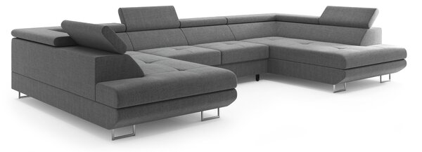 Set di divani a U – Divano ad angolo Miami in tessuto grigio con letto, contenitore, regolazione della testiera, divano letto, divano letto grande