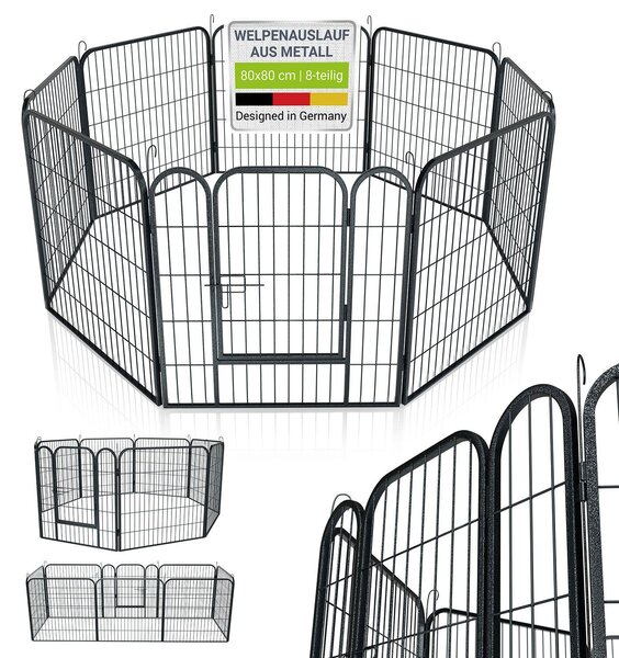Juskys Puppy Run Plus 160 x 160 x 80 cm - recinto in metallo per cuccioli da 8 pezzi - recinto da esterno con porta - recinto per cuccioli per cani, conigli e piccoli animali