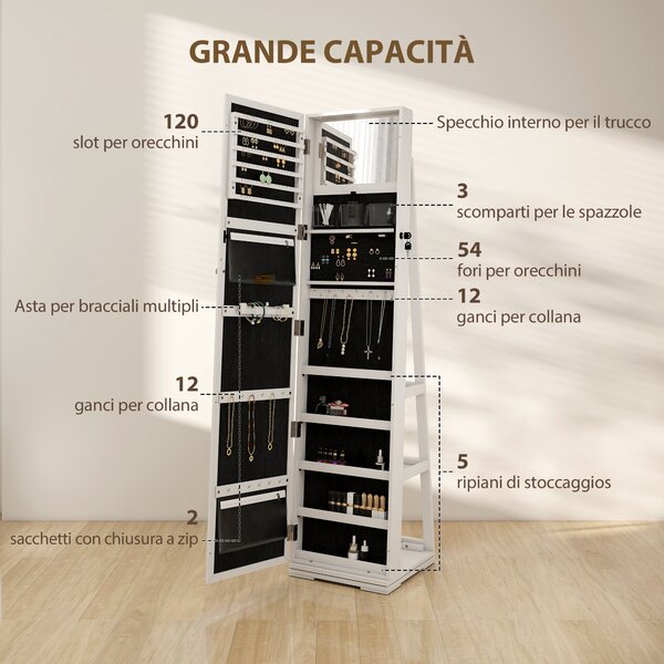 Specchio Portagioie Girevole Con Serratura - Armadio In Legno Bianco Per Camera Da Letto Con 2 Chiavi - Foto 9