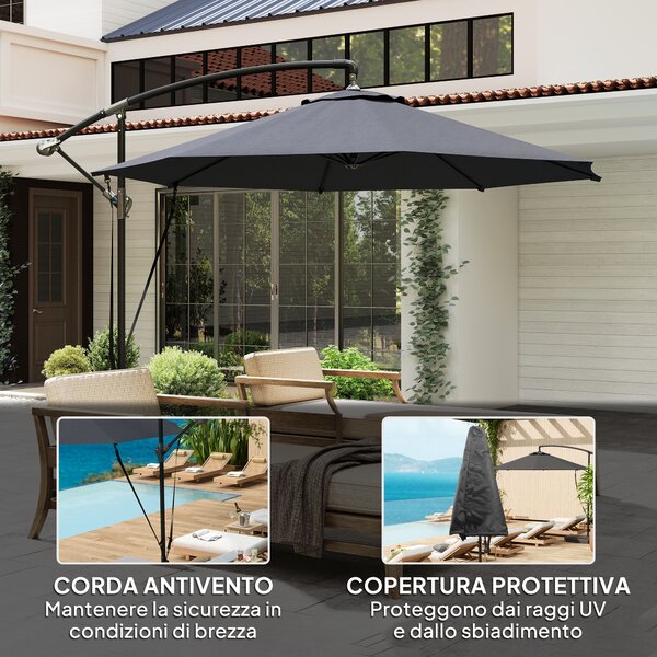 Outsunny Ombrellone da Giardino Rotondo Inclinabile e Girevole, Manovella e Protezione UPF 50+, Ø3 m, Grigio Scuro