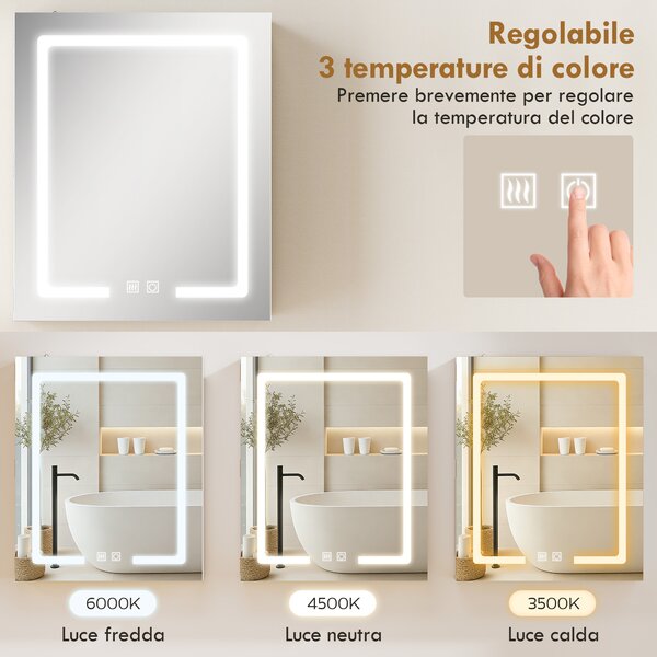 HOMCOM Armadietto Bagno con Specchio, Luce LED Regolabile e Sistema Antiappannamento, 50x15x60 cm, Bianco | Aosom Italy