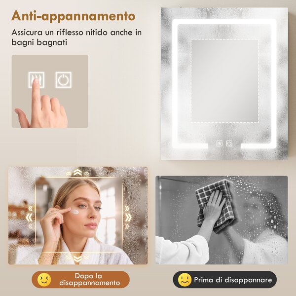 HOMCOM Armadietto Bagno con Specchio, Luce LED Regolabile e Sistema Antiappannamento, 50x15x60 cm, Bianco | Aosom Italy