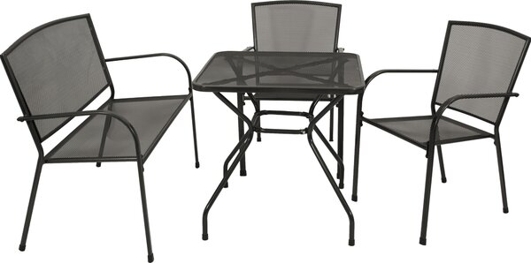 Set da giardino DEGAMO CLASSIC 4 pezzi (2 poltrone impilabili, 1 panca a 2 posti, 1 tavolo 70x70 cm), lamiera stirata antracite
