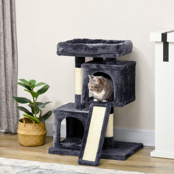 PawHut Albero Tiragraffi per Gatti con Pali in Sisal, Lettino e 2 Casette, 59x39x83cm, Nero|Aosom