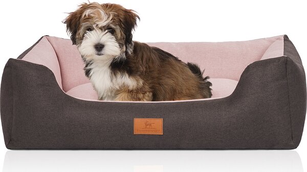 Cuccia per cani Luke in velluto con raffinata trama intrecciata a mano, colore nero-rosa