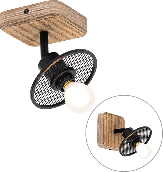 QAZQA - Stile industriale | Vintage | Stile industriale | Vintage | Faretto da soffitto nero con elementi in legno - Jasmijn | Soggiorno | Camera da letto - Acciaio | Quadrato | Adatto a LED E14