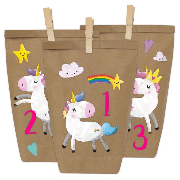 Calendario dell'Avvento fai-da-te per Natale e l'Avvento, da riempire - 24 sacchetti di carta - Motivo: unicorno