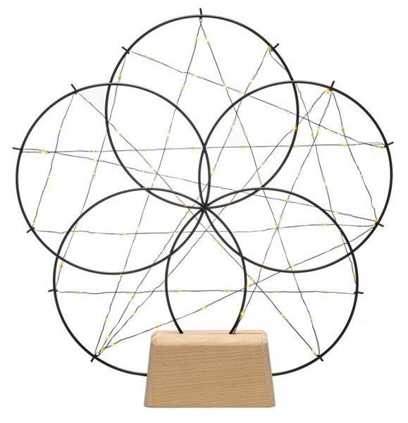 Konstsmide - Lampadario a LED in metallo "5 piccoli anelli", con base in legno, nero, avvolto da un filo nero, con dimmer, 100 diodi color ambra, trasformatore interno da 4,5 V, 2 W, cavo nero - 1784-787