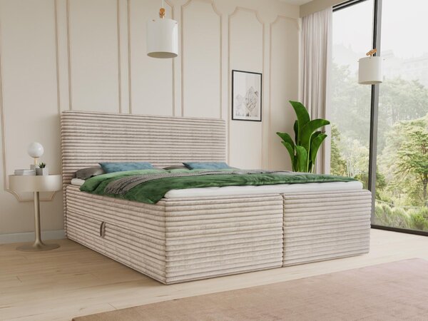 Letto boxspring Mollo con 2 cassetti, letto matrimoniale con materasso Bonell e topper, letto imbottito in morbido velluto a coste, letto, letto box, struttura letto per camera da letto (Beige (Tilia 03), 140 x 200 cm)