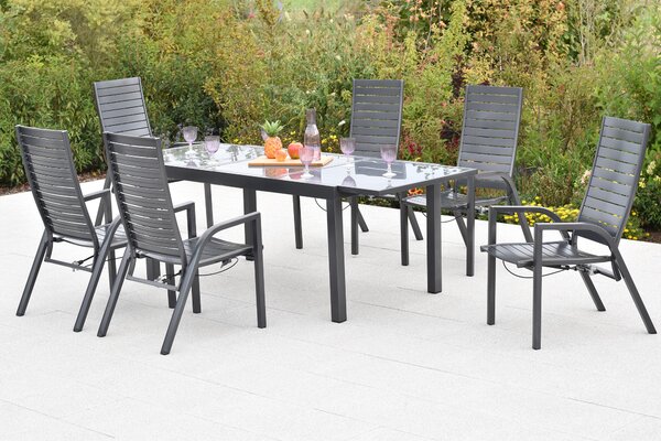 Set di mobili da giardino Merxx Siros, 7 pezzi, 6 poltrone regolabili tramite molla a gas, tavolo allungabile 150 (210) x 90 cm - Alluminio