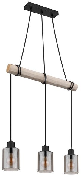 Lampada a sospensione, travi in legno, vetro color fumo, H 140 cm