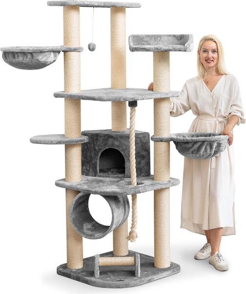 HAPPYPET Tiragraffi per gatti grande 181 cm di altezza - Albero per gatti stabile da arrampicata, tronchi spessi con 11 cm, grigio