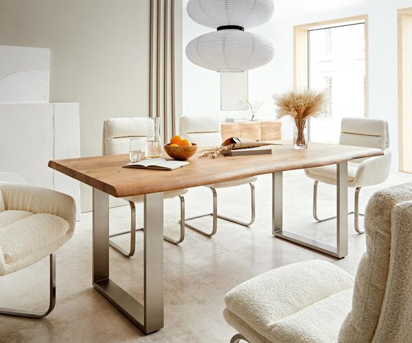 Tavolo da pranzo DELIFE Edge 200x100 XL Acacia naturale Acciaio inossidabile Live-Edge stretto
