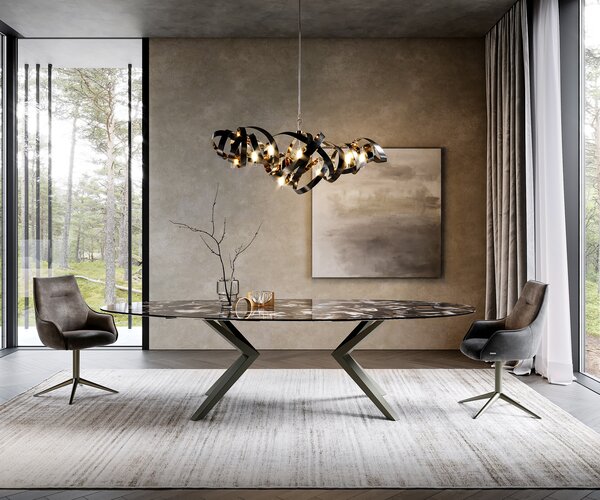 DELIFE Tavolo da pranzo Edge ovale, 280x130 cm, piano in Vetroceramica Iris FMG, finitura Agatablack, gambe Zenthara, design geometrico, metallo con finitura effetto titanio