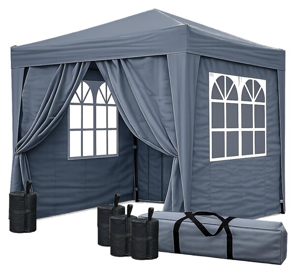 Gazebo pieghevole 2 x 2 m grigio fumo con 4 pesi, 4 pareti laterali con chiusura a velcro (2 cerniere, 2 finestre), gazebo pop-up pieghevole, con borsa per il trasporto