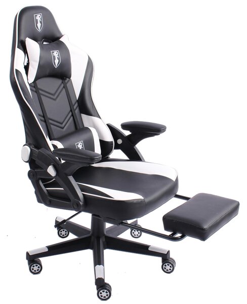Sedia da gaming dal design moderno ispirato alle auto da corsa, con poggiapiedi estensibile. Sedia da gaming con braccioli regolabili, sedia ergonomica da scrivania con cuscini di supporto extra. Colore: nero/bianco