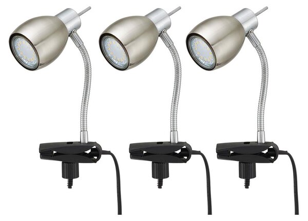 Set di 3 lampade da tavolo a LED, con morsetto, modello flessibile, finitura nichel opaco, altezza 17,5 cm