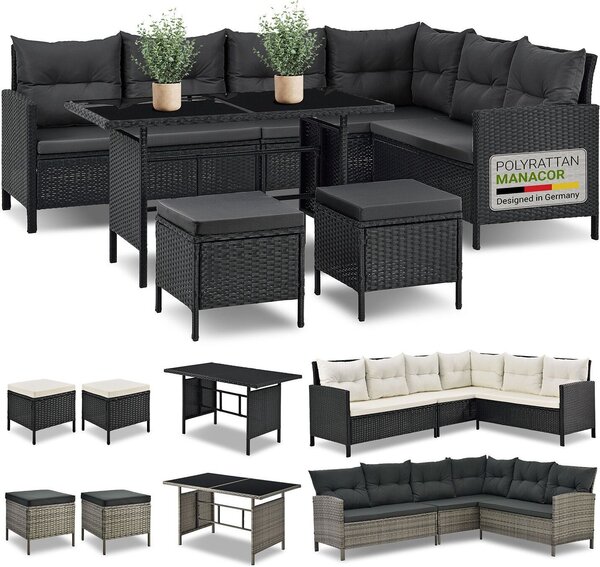 Juskys Polyrattan Lounge Manacor - Divano, tavolo, sgabello e cuscini - Nero e grigio