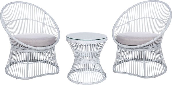 BELIANI Set bistrot da balcone bianco con cuscini in rattan PE e 2 sedie in stile moderno per esterni