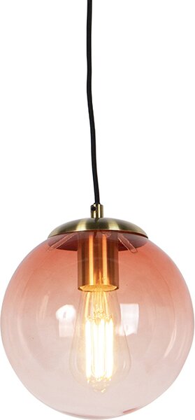 QAZQA - Art Deco Lampada a sospensione Art Deco I Lampada a sospensione I Lampada a sospensione in ottone con vetro rosa 20 cm - Pallon I Soggiorno I Camera da letto - Sfera I Sferica I Allungata - Adatta a LED E27