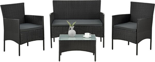 Juskys Set di mobili da giardino in polyrattan Fort Myers - Tavolo, divano e 2 sedie - Nero Grigio